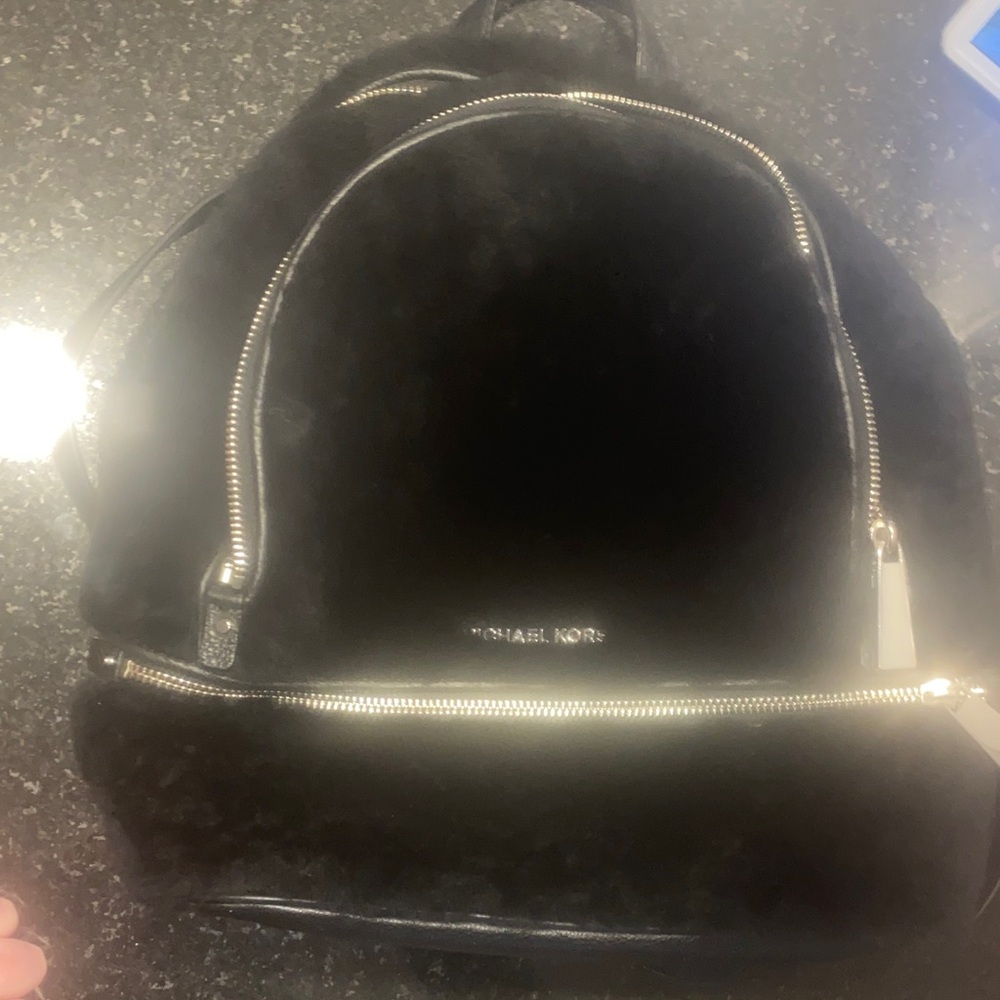 Michael Kors Black fuzzy Backpack with sliver zipper